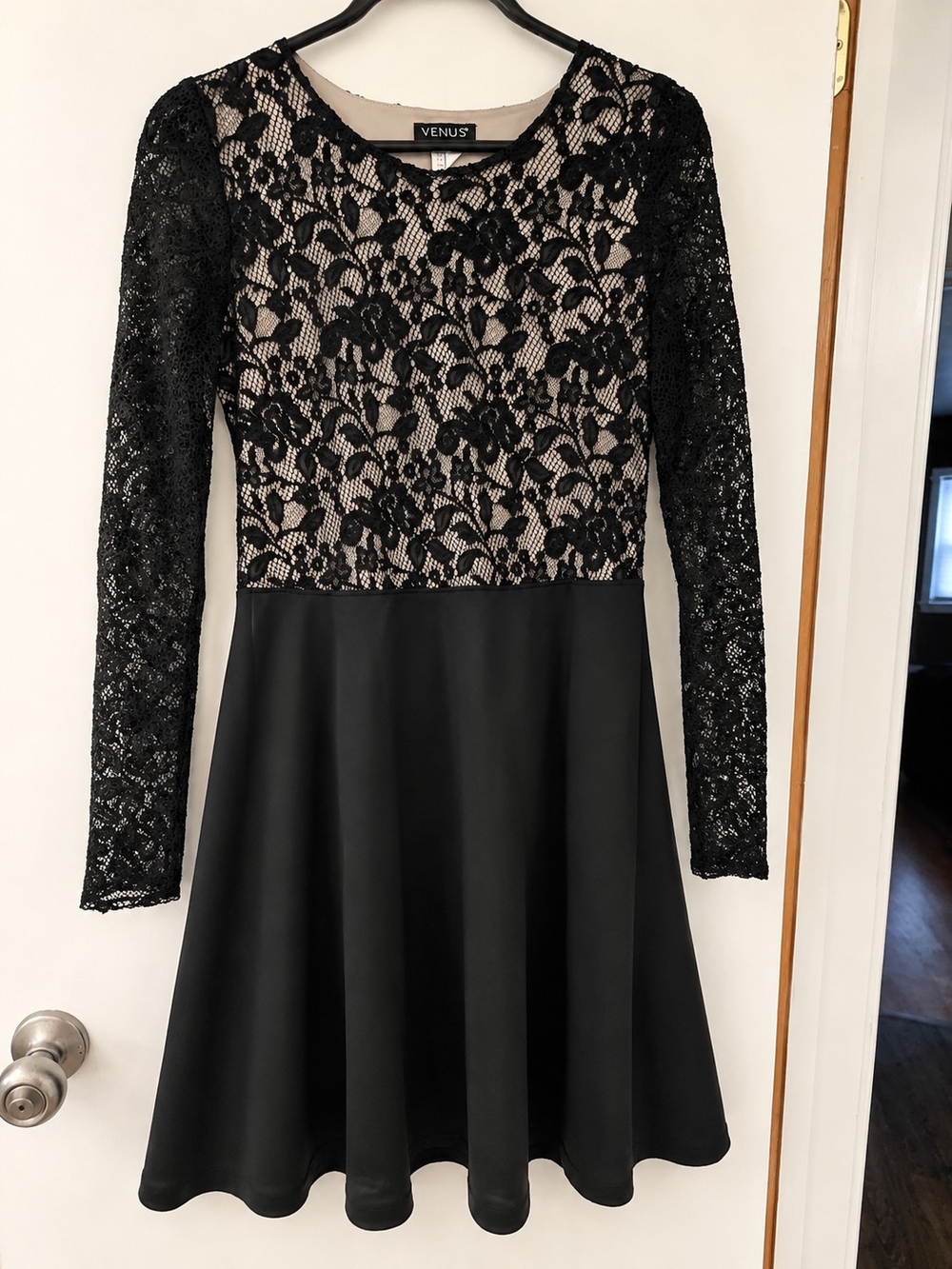 VENUS Black Lace Long-Sleeve Fit & Flare Dress